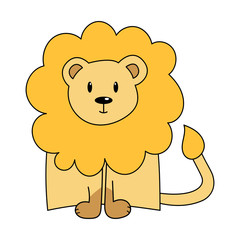 Cute lion with mane. Color vector illustration. The element is isolated on white. Wild tropical animal. Is sitting and smiling. A simple picture for the design of children's clothing, posters, cards.