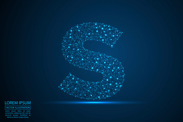 English letters abstract font consists 3d of triangles, lines, dots and connections. On a dark blue background cosmic universe stars, meteorites, galaxies. Vector illustration EPS 10.