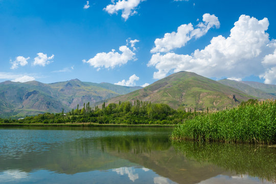 Ovan Lake landscape in Alamut region in Iran. Ovan lake is  a small alpine lake in Qazvin province of Iran and a popular place for visitors and tourists.
