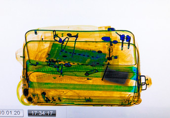 Scanned baggage on the x-ray scanner screen at the airport