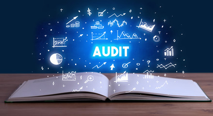 AUDIT inscription coming out from an open book, business concept