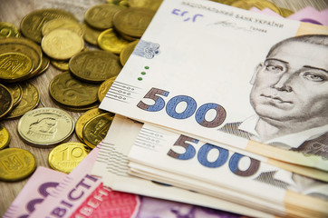 200, 500 hryvnias and coins. Close-up. Business concept.