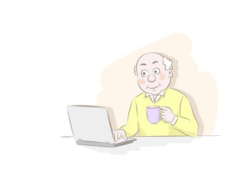 Vector illustration old man sitting at table with laptop. Modern gadget .Hand drawn sketch cartoon.