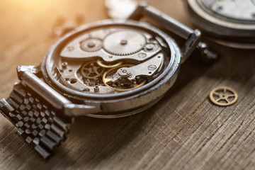 Disassembled mechanical watches, close up