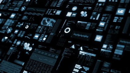 Perspective view of deep blue Futuristic interface/Digital screen.Detailed abstract background with blinking and switching indicators and statuses showing work of command center, processing big data,  - Powered by Adobe