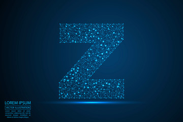 English letters abstract font consists 3d of triangles, lines, dots and connections. On a dark blue background cosmic universe stars, meteorites, galaxies. Vector illustration EPS 10.