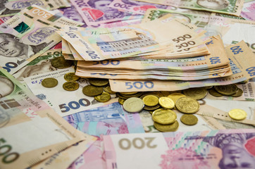 hryvnia and coins. Ukrainian money. Business concept.