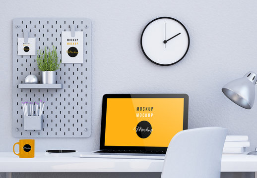 Desktop Computer on a Desk with a Pegboard Mockup