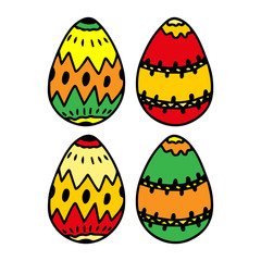 Bright multi-colored eggs in doodle style isolated on white background. Set of cartoon color eggs for Easter. Vector black contour illustration for print on t shirt, menu, invitation, postcard, cup.