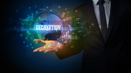 Elegant hand holding DECRYPTION inscription, digital technology concept