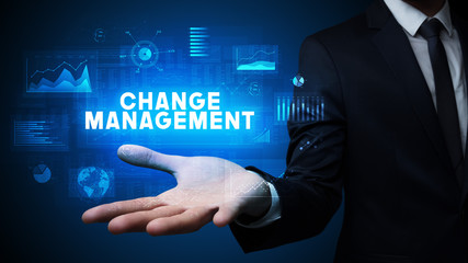 Obraz premium Hand of Businessman holding CHANGE MANAGEMENT inscription, business success concept