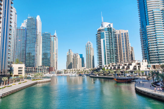 Dubai Marina canal and promenade.
