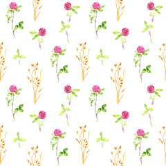 Watercolor seamless pattern of wildflowers, clover on a white background. delicate pink and yellow pattern, handmade. summer and spring flowers. Ideal for printing onto fabrics, for kitchen utensils.