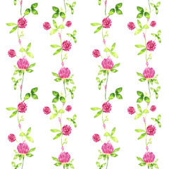 Watercolor seamless pattern of wildflowers, clover on a white background. delicate pink and yellow pattern, handmade. summer and spring flowers. Ideal for printing onto fabrics, for kitchen utensils.
