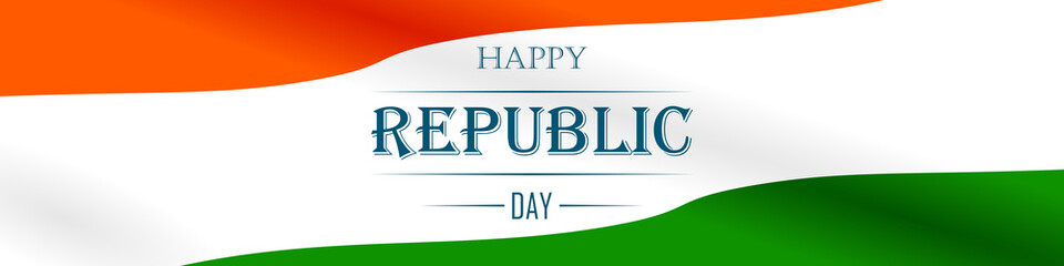 Panoramic banner with the text Happy Republic Day on a background of the national flag of India. Vector illustration for badge, banner, poster, flyer, brochure and advertising promotion sale.