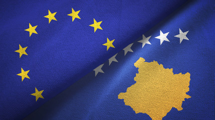 European Union and Kosovo two flags textile cloth, fabric texture
