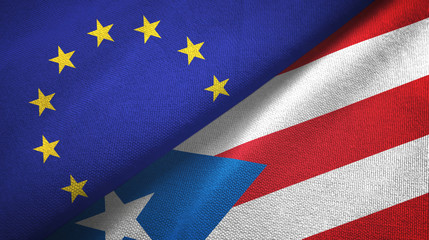 European Union and Puerto Rico two flags textile cloth, fabric texture