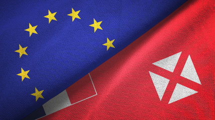 European Union and Wallis and Futuna two flags textile cloth, fabric texture