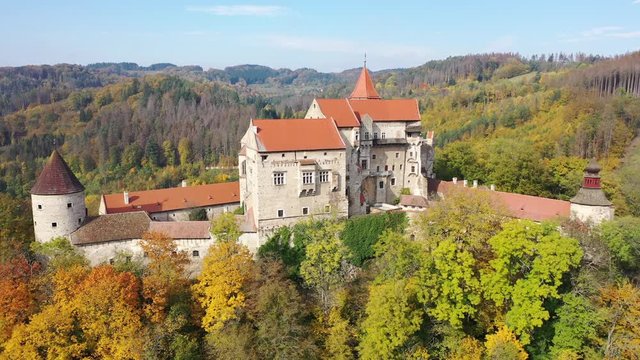Scenic aerial view of historical medieval Pernstejn castle, Czech Republic