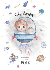 Astronaut cartoon Happy Boy in blue scanfand flying in the space with a futuristic rocket and satellites around stars and planets. Baby shower, invite, celebration and birthday card for little Dreamer