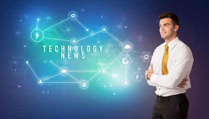 Businessman in front of cloud service icons with TECHNOLOGY NEWS inscription, modern technology concept