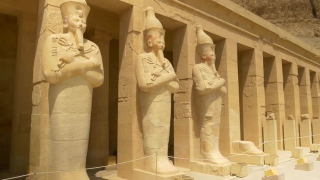 The Osirid pillars which stands along the upper terrace at the Mortuary Temple of Hatshepsut at Deir al-Bahri in Egypt.