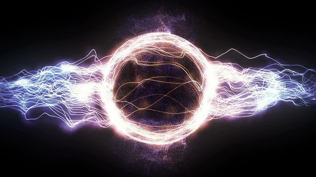 Abstract 4K Motion Graphic Looping Background, Coloured Energy Circle Plasma Ball Formed by Power Electrical Rays and Glowing Particles