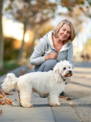 Elderly woman with a dog at outdoor. Focus on the dog.