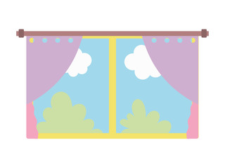 window curtains bushes nature sky clouds on white background