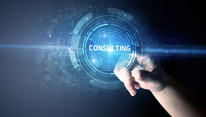 Hand touching CONSULTING button, modern business technology concept