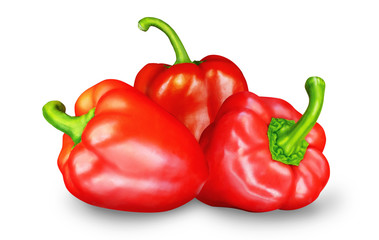 Fresh isolated vegetables, red bell paprika peppers on white background