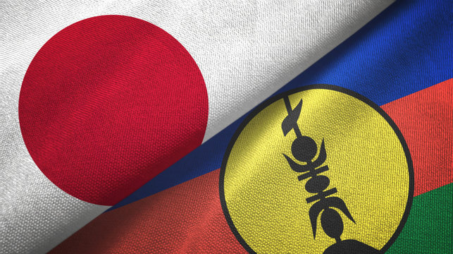 Japan and New Caledonia two flags textile cloth, fabric texture