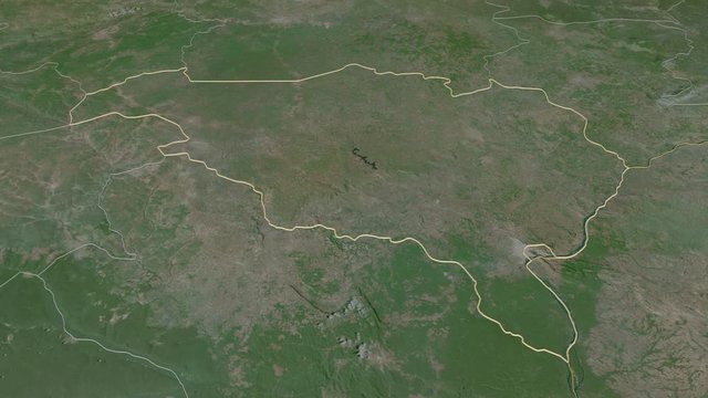 Ombella-M'Poko, prefecture with its capital, zoomed and extruded on the satellite map of Central African Republic in the conformal Stereographic projection. Animation 3D