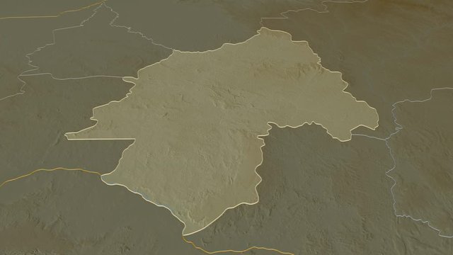 Ouaka, prefecture with its capital, zoomed and extruded on the relief map of Central African Republic in the conformal Stereographic projection. Animation 3D