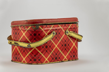 1950s-1960s kids red tartan style metal lunch pail/lunch box