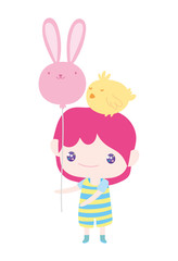 cute little boy cartoon with chick on head and balloon of rabbit