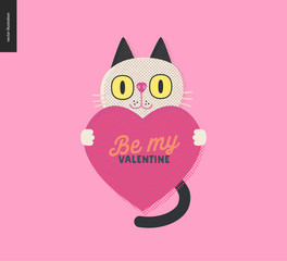 Cat holding a heart - Valentines day graphics. Modern flat vector concept illustration - a cute black and white cat holding a heart, a character in love concept. Be my Valentine caption