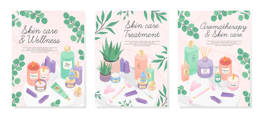 Fototapeta na wymiar Vector bundle of skincare cosmetic products,creams,serum,face massage tools,oil,crystals,candles,aloe on a decorative marble tray.Skin care,aromatherapy,spa and wellness concept.Beauty treatment.