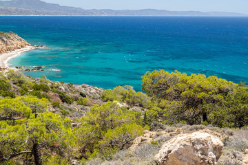 Scenic view at beach Akra Fourni nearby Monolithos  at Rhodes island with green vegetation in the foreground and the aegean sea in the background