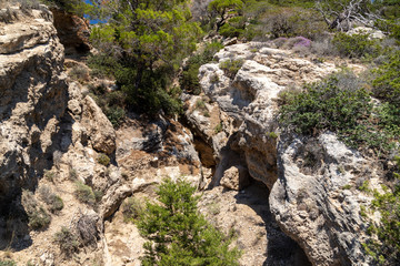 Rock formation in a gorge nearby beach Akra Fourni   at Rhodes island