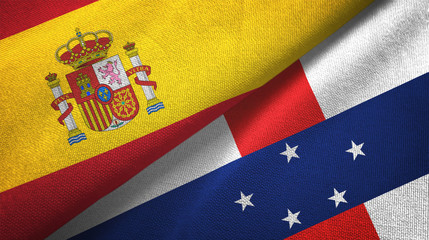 Spain and Netherlands Antilles two flags textile cloth, fabric texture