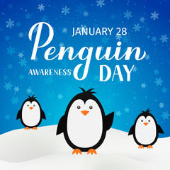 Penguin Awareness Day lettering with cute cartoon baby penguins on blue background with snowfall. Ecology concept typography poster. Vector template for banner, greeting card, flyer, sticker, etc.