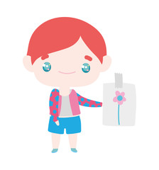 cute little boy cartoon with flower drawn on paper