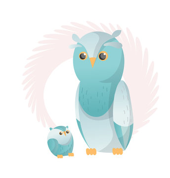 Two owl look at each other. Animals mom and baby. Cartoons cute animals in flat style. Print for clothes. Vector illustration
