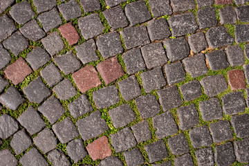 Abstract background of old cobblestone pavement. Close-up