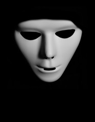 Scary white mask in the dark. Spooky guy in white masquerade. Black, invisible eyes. Black hood. Halloween style. 