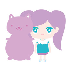kids, cute little girl anime cartoon with cute cat