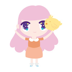 cute little girl anime cartoon with chicken
