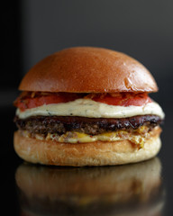 Appetizing juicy burger on a dark background. Close-up