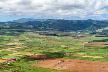Patchwork of green farm pastures 